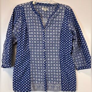 Orvis Navy and White Geometric Print Button Down 3/4 sleeve Women’s Medium